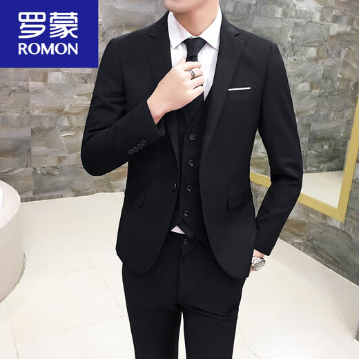 ROMON suit men's three-piece business formal suit professional suit groomsmen groomsmen wedding dress spring navy blue (suit + trousers) 2XL 130-145Jin Jin equals 0.5 kg