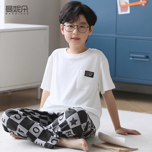 曼妮朵儿童睡衣男童短袖长裤秋装男孩全棉空调套装大童青少年纯棉家居服 N9926【短长】 140 16码建议135-145cm