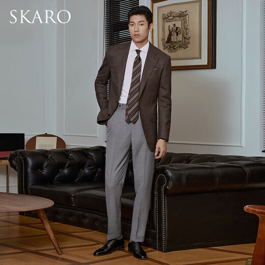 SKARO【澳洲纯羊毛】秋冬正装西服外套男商务修身咖色千鸟格西装 棕色SKV281-2 46