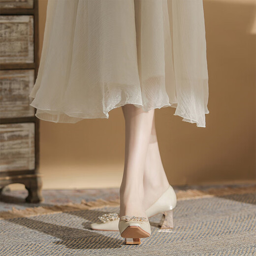 Yunshun tacones altos al estilo de noche francés Toe suave zapatos individuales nuevos tacón grueso zapatos de boda de boda elegante satén boca zapatos para mujeres zapatos de albaricoque 丨 altura del tacón 6cm 37