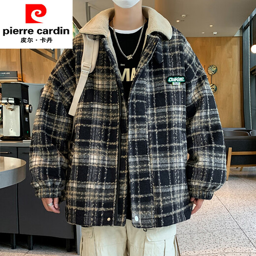 皮尔卡丹（PIERRE CARDIN）加绒格子毛呢外套男士秋冬款翻领呢子夹克潮牌加厚羊羔绒棉衣 9922红格【加棉】 3XL 160-175斤