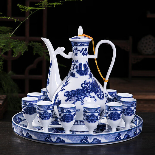 Xihe Yinyao Xihetang Jingdezhen Ceramic Wine Set Liquor Goblet Spirit Cup Blue and White Wine Pot Set Wine Cup Snow Scenery Style (1 Pot, 10 Cups, 1 Tray)