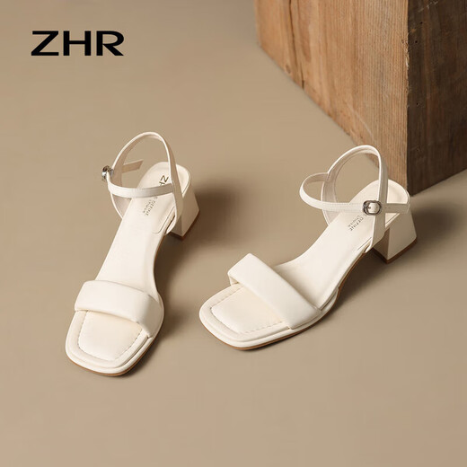 ZHR-Sandalen für Frauen, einfache und modische High Heels, dicke Absätze, klassische Ein-Strip-Schnalle-Sandalen für Frauen, Y718 Beige 34