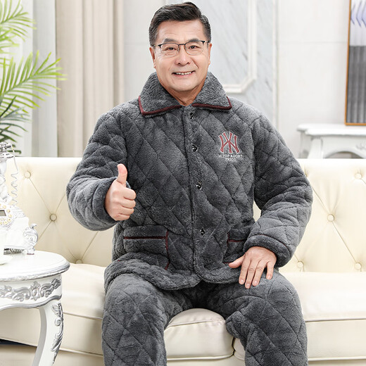馨梦悦男士睡衣秋冬季加厚加绒珊瑚绒夹棉保暖法兰绒中老年人爸爸家居服 C9921#黑灰色男【长毛绒】 XXXL(160-200斤)三层加厚