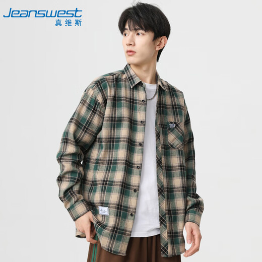 JEANSWEST long-sleeved shirt men's 2025 autumn young and middle-aged men's plaid loose versatile plaid shirt green XL