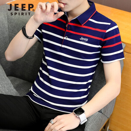 Jeep JEEP short-sleeved t-shirt men's POLO shirt 2021 summer new business casual men's T-shirt men's striped lapel t-shirt bottoming shirt top blue and red stripe XL