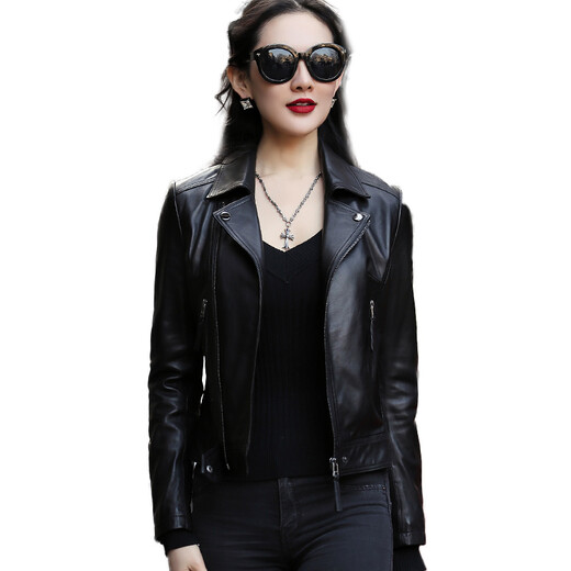 Bo Shilan Haining new spring and autumn genuine leather jacket for women motorcycle sheepskin slim short jacket large size P5197 black L 105-114Jin Jin is equal to 0.5 kg