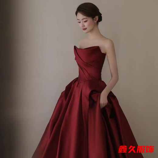 Mei Anjia burgundy bridal toast dress new ladylike temperament tube top wedding dress slim home engagement evening dress for women burgundy L 170