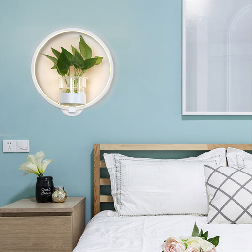 Miaopule modern minimalist Nordic creative living room dining room stair aisle lamp study bedroom bedside lamp hydroponic plant wall lamp round black model with hand switch white light LED