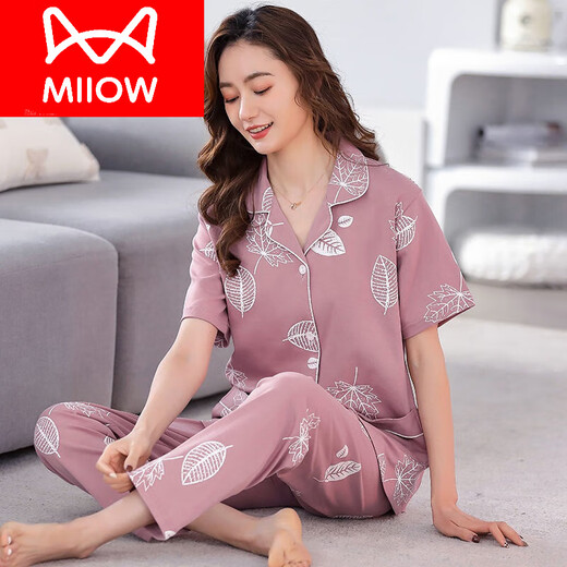 Catman (MiiOW) pure cotton middle-aged and elderly pajamas for women short-sleeved long trousers large-size cardigan thin two-piece lapel home clothes YMY 671 L 100 120Jin [Jin equals 0.5 kg]