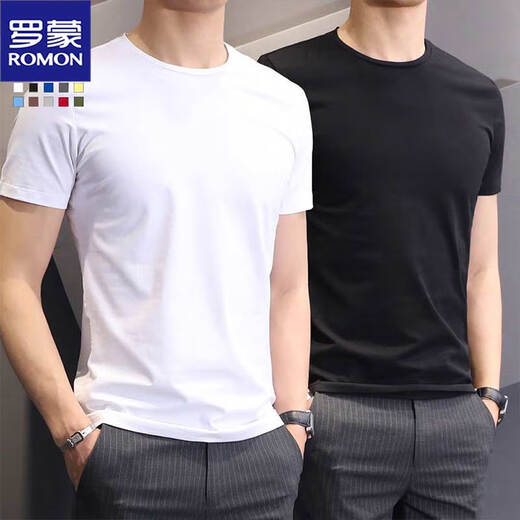 Romon 2-pack summer high-end short-sleeved T-shirt men's bottoming shirt round neck black and white solid color slim half-sleeved clothes white + black L