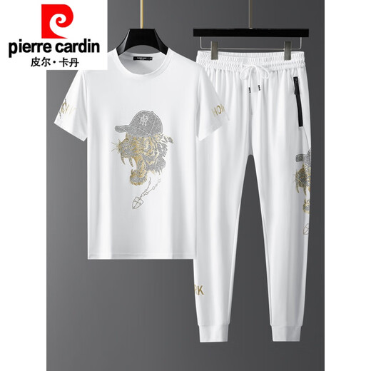Pierre Cardin Ice Silk Anzug Männer kurzärmelige Mode Casual Sports Fashion Match hübsche Laufkleidung Sommer Neues Produkt gestrickt 5012 Set Weiß M.