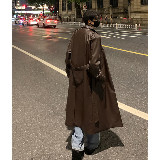 Shelley Jonespu leather windbreaker men's coat mid-length spring and autumn new ins double-breasted design top coat handsome coat black 2XL recommended 145-160Jin Jin equals 0.5 kg