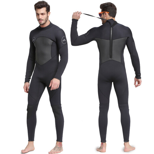 Sharbat 3MM wetsuit for men, thickened and warm, winter swimming, outdoor snorkeling one-piece long-sleeved swimsuit, surfing jellyfish suit, dark blue and black, water orchid L (suitable for 110-125 Jin Jin equals 0.5 kg)