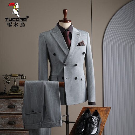 Woodpecker (TUCANO) double-breasted striped suit men's suit casual groom wedding dress business slim suit suit men 6831 black stripes (suit + trousers) 52/XL (125-135Jin Jin equals 0.5 kg)