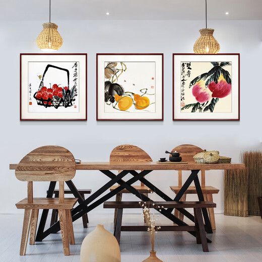 Zi Teng Suixuan Qi Baishi decorative painting new Chinese style living room background wall hanging painting bedroom dining room restaurant ink shrimp mural Lychee A style 50*50cm mahogany color solid wood frame