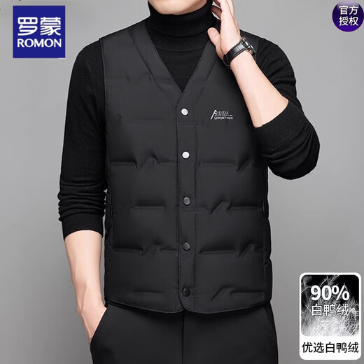 ROMON men's V-neck white duck down vest vest in autumn and winter daddy's outfit warm sleeveless vest top men's jacket 9904 black 170/M