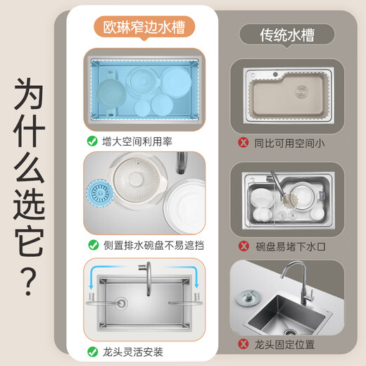 欧琳（OULIN）水槽304不锈钢大单槽厨房洗菜盆加厚一体阶梯台下盆侧排水洗碗池 9155配智能感应抽拉龙头9903 730*436窄边盆_台面≥570mm可装