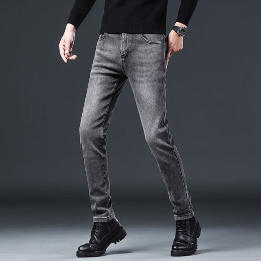 
AEMAPE American Apple high-end jeans men's slim straight summer thin elastic small feet casual long pants men 1049 grey regular size 32 size waist circumference 2 feet 5 suitable for 130-140Jin [Jin equals 0.5 kg]