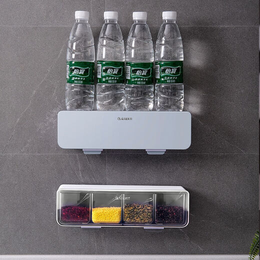 Jidaocook seasoning box set with combined kitchen supplies, salt, sugar, MSG, four-compartment storage body, multi-compartment seasoning jar, second generation gray wall hanging model (with spoon)