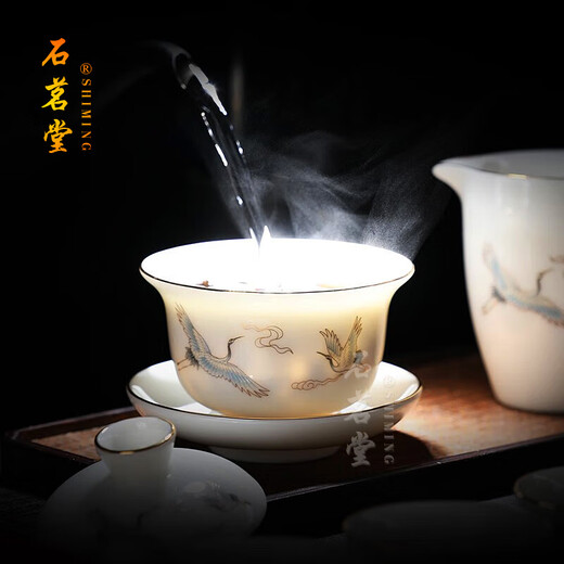 Shimingtang high-end mutton-fat jade tea set Dehua white porcelain home office gift for teachers holiday gifts friends holiday gifts all the way up 10 mutton-fat jade + teapot
