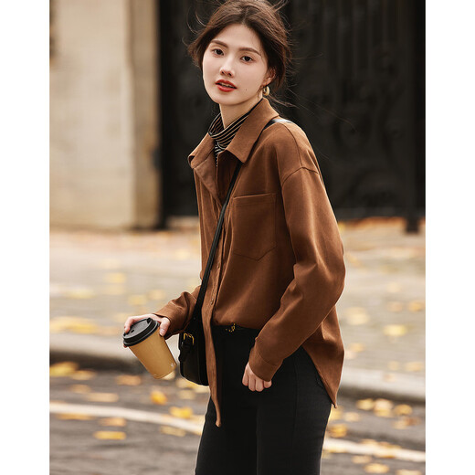 Demana Urban Casual Commuting Half-High Lapel Shirt Contrast Color Stitching Brushed Shirt Women's Top Light Brown L