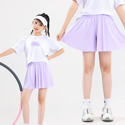 Pitt Pitt Girl Schnell trockener Anzug Kinder Sommer Badminton Sommer Tennis Girl Running Training Anzug mittelgroßer Kinder Sportanzug 9922 Baumwolle T Weiß + 18426 Lila Shorts 150 cm