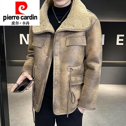 Pierre Cardin (Pierre Cardin) fur one-piece lamb wool jacket for men, velvet, thickened and warm, winter 2025 new fashionable knitted brown M (90-115Jin Jin equals 0.5kg)