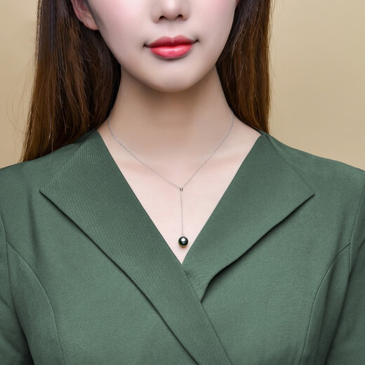 WEIYAN Tahitian black pearl pendant, adjustable Y-shaped necklace, round peacock green pearl clavicle chain, gift for wife, 18K gold chain (45cm adjustable length) 9-10mm