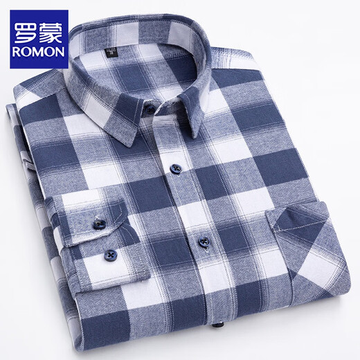 Romon (Romon) All-Cotton Fell Plaid Plaid Plaid Herren-Langarm-Hemd lässig und vielseitig im mittleren Alter von Daddy's Pure Cotton Shirt Plus-Size-Jacke Bright Royal Blue R2-866 42 [Geeignet für 155 Jin [Jin entspricht etwa 0,5 kg]]
