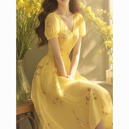 柒十念法式绝美气质超仙收腰显瘦高端精致小香风黄色碎花连衣裙子女夏季 黄色连衣裙 L