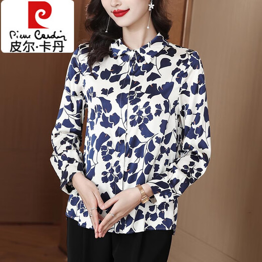 Pierre Cardin fashion printed long-sleeved chiffon shirt for women in spring and autumn, commuting temperament, slim top, fashionable mother's belly-covering shirt, leaf flower 3XL 140-150Jin Jin is equal to 0.5 kg