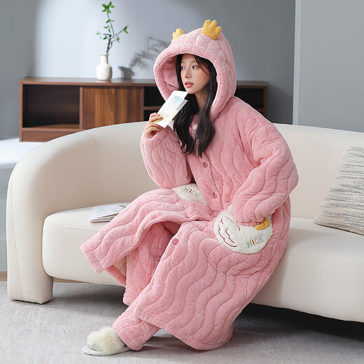 Jiaqi Koralle Velvet-Pyjamas für Frauen im Herbst und Winter, verdickte und plüschige dreischichtige Baumwolljacke Flanell Long niedlicher Nachthemdanzug 1349 M Code 160 Empfohlenes Gewicht 80-100 Jin [Jin gleich 0,5 kg]