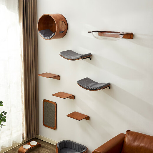 Meowlis Cat Climbing Frame Wall-Type Solid Wood Cat Jump Climbing Post Does Not Take Up Cat Nest Integrated Cat Scratching Board Cat Toy Glass Plank Road - Beeswax White