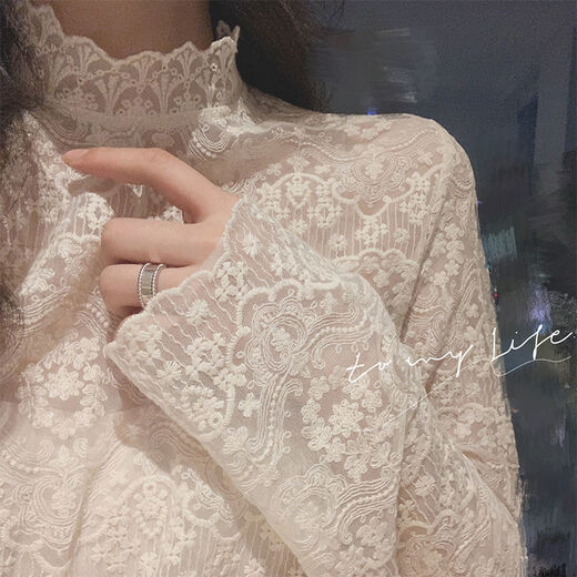 Ning Wei 2025 autumn and winter new style inner lace shirt women's long-sleeved half-high collar mesh bottoming shirt western style top small shirt DLE apricot 2XL