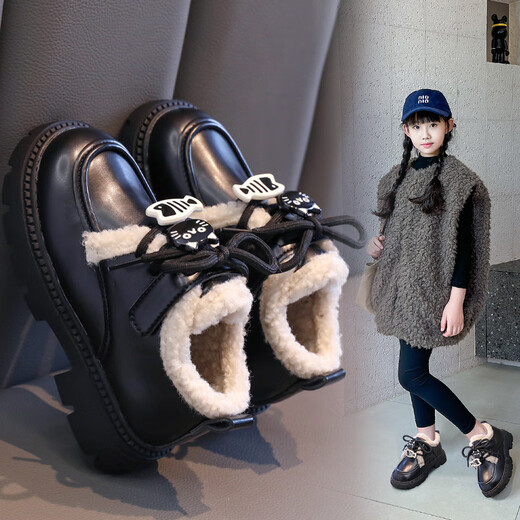 Girls cotton shoes winter new little girl plus velvet leather shoes for big children baby two cotton princess loafers children's shoes X557 brown 34 / inner length about 20.8 cm