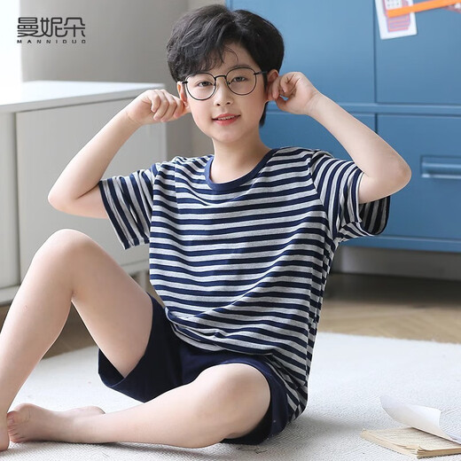 Mannido Boys Pajamas Лето новая короткая рукава мальчики с чистым хлопком детей Большой детской хлопковой молодежной домашней одежды N6621 [Double Short] 180 увеличенного кода версии XL [130-150JIN [Jin равно 0,5 кг]]