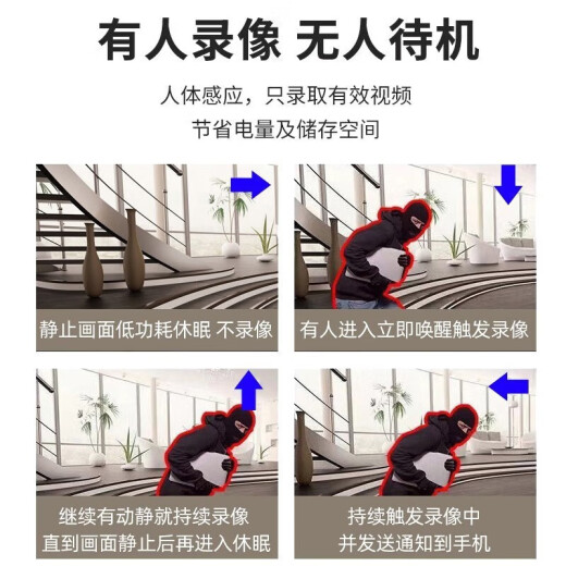 免插电4K超高清家庭小型无线摄线头手机wifi远程监控器家用摄像头 4K超清+远程开关wifi版黑色 16G内存卡(循环保存录像约3天)