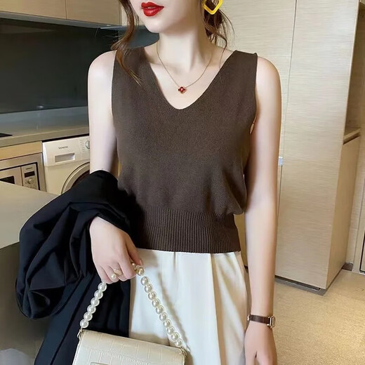 Yuyixiang V-Ausschnitt Ice Seidenschlinge Weste für Frauen 2025 Sommer im Freien schlank und vielseitig atmungsaktive Taille-Strick-Basishemd Khaki + Apricot L Empfohlen 116-130jin [Jin entspricht 0,5 kg]