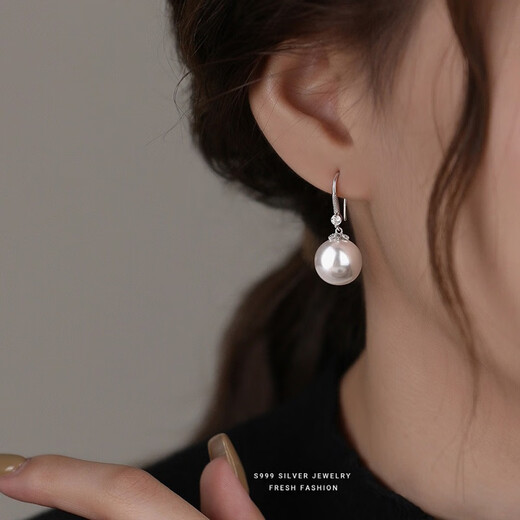 Su Shiliu 999 silver imitation pearl earrings for women, retro high-end ear hooks, birthday gifts for girlfriend, wife and mother, 999 silver bead earrings 12mm