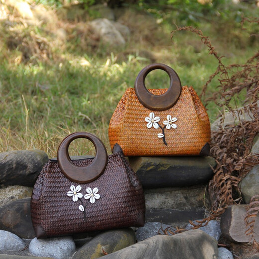 Baumwoll gewebter Strohbeutel, Muschel, Blume, Holzgriff, Rattan-Beutel handgewebte Tasche, Frauenbeutel, Strandurlaub, Strandtasche, Retro-Handtasche, dunkle Kaffeefarbe