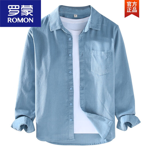 罗蒙（ROMON）春秋季灯芯绒衬衫男长袖宽松休闲日系复古棉质工装条绒衬衣外套 灰色 【9717】 M