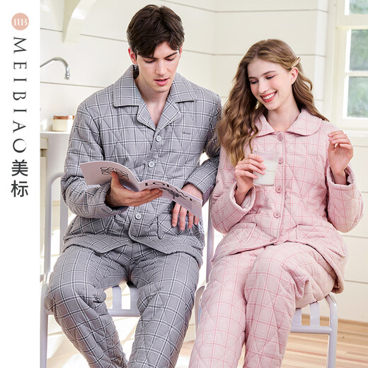 American Standard's new couple's three-layer quilted thermal pajamas for women winter all-cotton quilted padded clothes plaid can be worn outside home clothes for men Taro powder XL