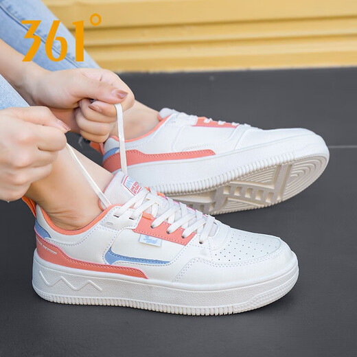 361 Chaussures pour femmes, chaussures décontractées, 2025 Chaussures pour la planche à roulettes pour femmes Summer, Face en cuir, petites chaussures blanches, chaussures de sport imperméables pour femmes, plume blanc / orange rose 6623 37