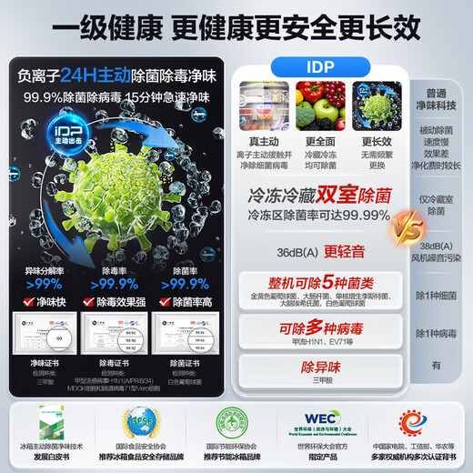 Rongsheng 517-liter IDP active sterilization double purification French multi-door four-door ultra-thin flat-mounted zero-embedded refrigerator first-class energy efficiency household air-cooled frost-free national subsidy 15% BCD-517WD2MPQLA trade-in national subsidy