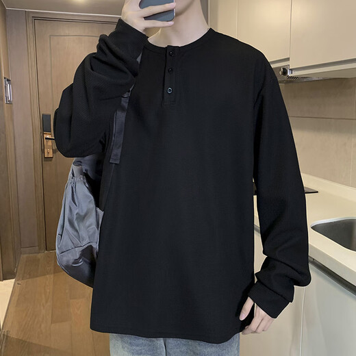 Madisa autumn new Henry collar long-sleeved T-shirt men's versatile retro T-shirt casual sports top ee light gray M