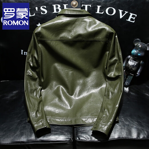 ROMON leather jacket men's trend Korean style slim and handsome motorcycle suit spring and autumn new casual lapel PU leather jacket green XL