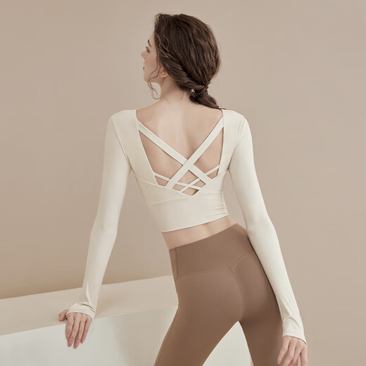 LULU CENTURY yoga wear long-sleeved suit for women with chest pads shockproof autumn and winter fitness Pilates sports breathable tops training clothes for women off-white tops fixed cup chest pads M 100-115Jin Jin equals 0.5 kg