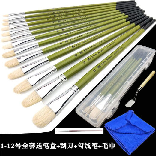 南铂万猪鬃油画笔水粉画笔鸭舌型画笔丙烯笔水粉画笔水彩颜料色彩笔美术生专用单支长杆排笔初学者美术生专用 5支回购款（13579）+勾线