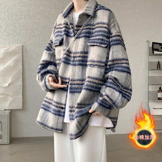 XUANSENTU (XUANSENTU) striped woolen jacket men's spring and autumn style small fragrance style handsome trendy brand loose workwear plaid jacket autumn CT22 khaki cotton thickened XL (180) (145Jin Jin equals 0.5kg to 165Jin Jin equals 0.5kg can be worn)